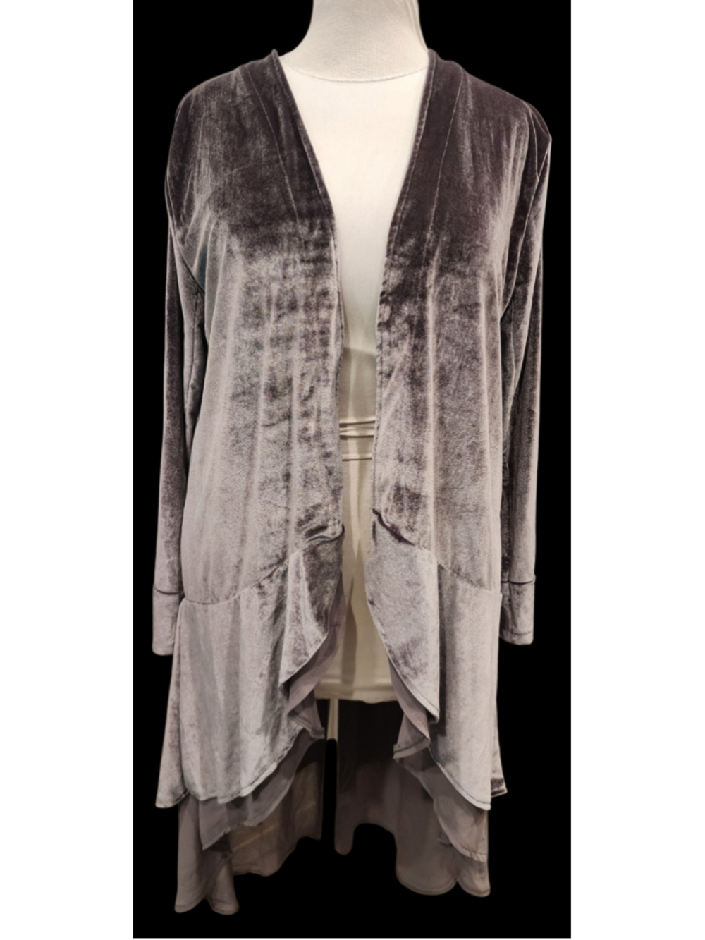 Urban Coco Velvet Duster Cardigan Jacket XL Purple Ruffle Layered Open Front